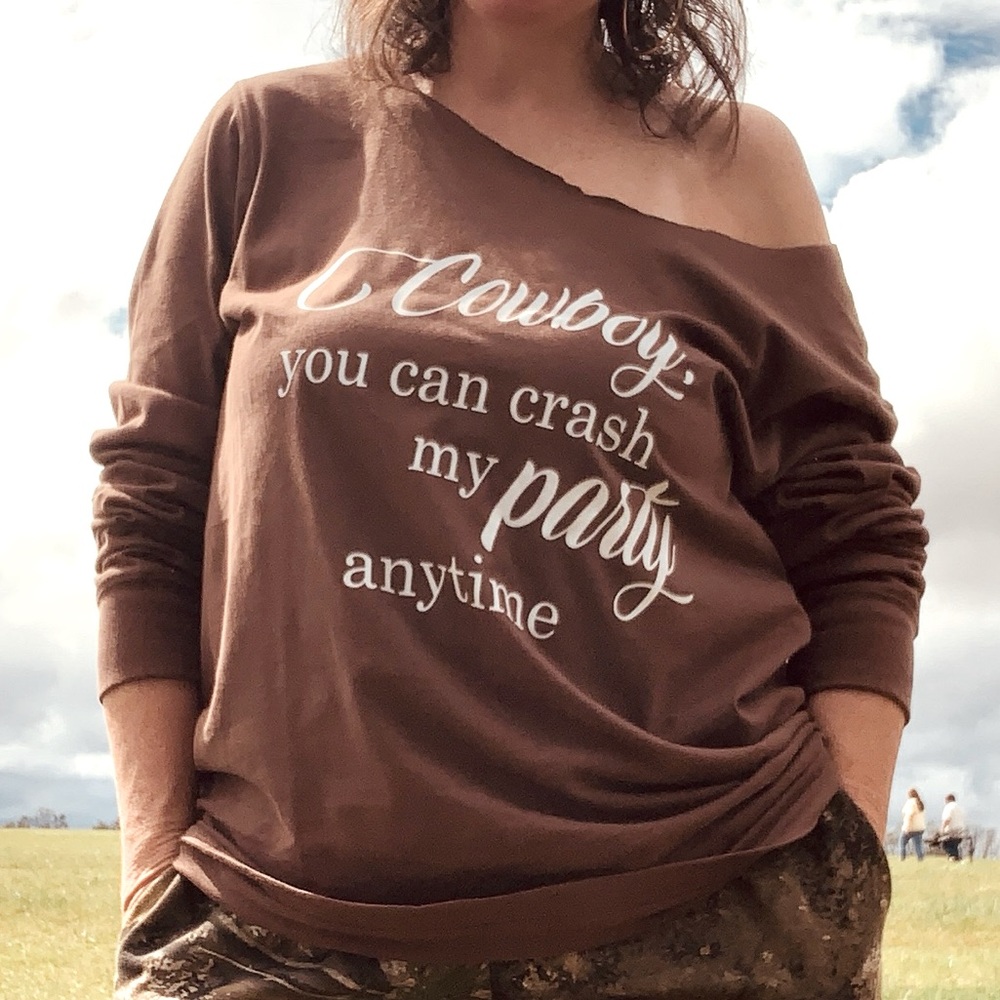 off the shoulder long sleeved shirt